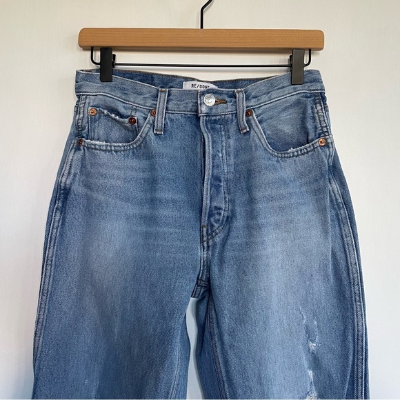 Re/Done Loose Straight Leg Destroyed Medium Blue Jean Distressed Denim Size 27 - Picture 4 of 12